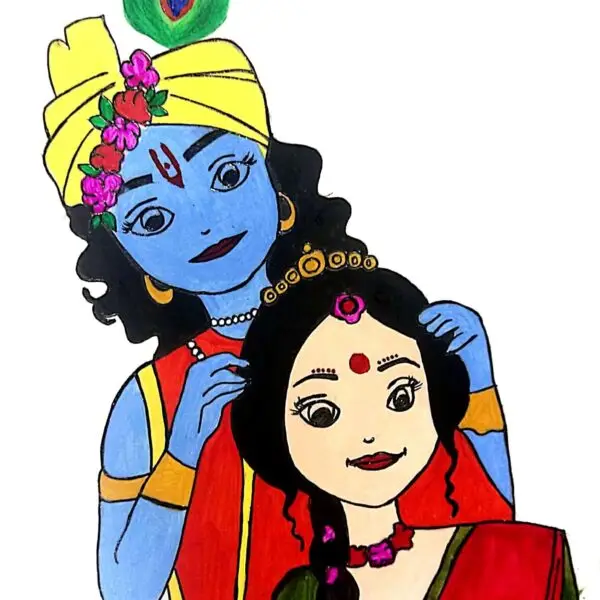 A colorful sketch of Radha and Krishna, two Hindu deities known for their divine love and devotion. A vibrant sketch depicting Radha and Krishna, iconic figures in Hinduism symbolizing divine love and eternal companionship. A colorful drawing of Radha Krishna, a beloved couple in Hindu mythology representing the ideal of divine love and devotion.