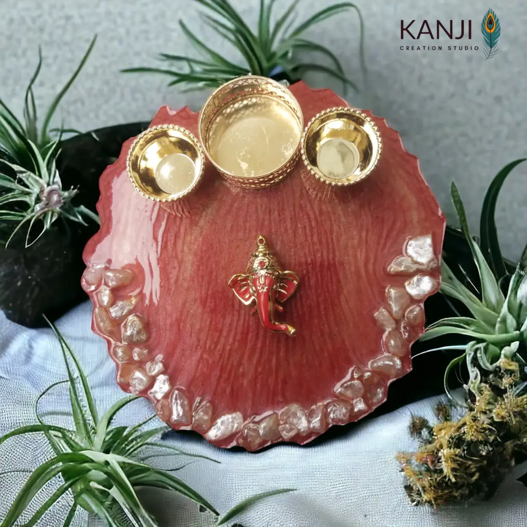 Resin Pooja thali - red with ganesh god